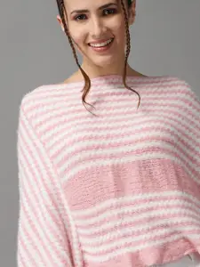 SHOWOFF Women Pink & White Wool Striped Longline Poncho