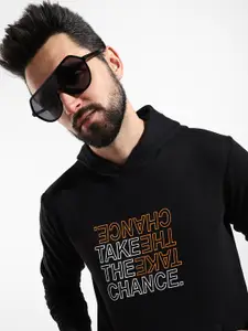 Campus Sutra Men Black Printed Hooded Cotton Sweatshirt