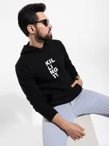 Campus Sutra Men Black Printed Hooded Cotton Sweatshirt