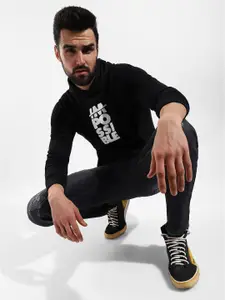 Campus Sutra Men Black Printed Hooded Cotton Sweatshirt