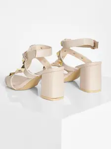 Boohoo Nude-Coloured & Gold-Toned Studded Caged Block Heels