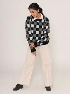 KASMA Women Black & White Checked Wool Pullover