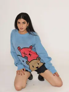 KASMA Women Blue & Red Printed Wool Pullover