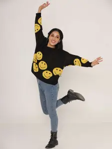 KASMA Women Black & Yellow Printed Wool Pullover