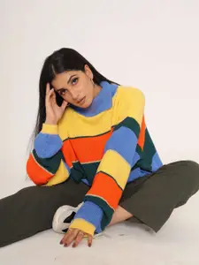 KASMA Women Yellow & Blue Colourblocked Wool Pullover