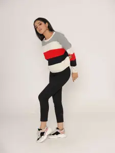 KASMA Women Red & Black Colourblocked Wool Pullover