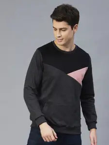 Rigo Men Charcoal & Pink Colourblocked Cotton Sweatshirt