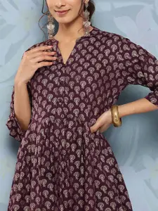 Libas Purple & Golden Ethnic Motifs Printed Pleated Kurti