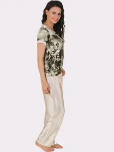 Fasense Women Green & Cream-Coloured Printed Night suit