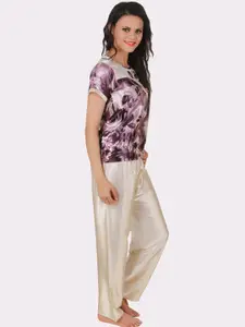 Fasense Women Purple & Cream-Coloured Printed Night suit PD123A1