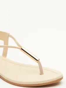 Tokyo Talkies Women Cream-Coloured T-Strap Open Toe Flats