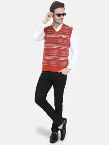 Monte Carlo Men Orange & White Striped Striped Sweater Vest