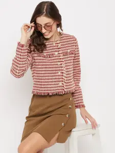 Madame Women Maroon & White Textured Regular fit Single Breasted Casual Blazers