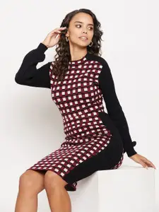 Madame Women Red & Black Checked Sweatshirt with Skirt