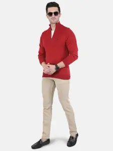 Monte Carlo Men Red Woolen Pullover with Zip Detail