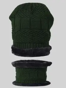 WEAVERS VILLA Women Olive Green Beanie With Warmer and Gloves