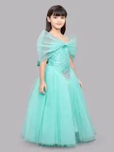 Pink Chick Girls Sea Green Embellished Net Maxi Dress