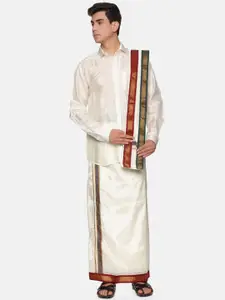 Sethukrishna Men Cream & Red Shirt With Dhoti Pants