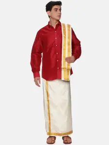 Sethukrishna Men Maroon & White Shirt With Dhoti Pants