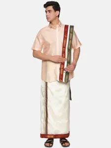 Sethukrishna Men Orange & White Shirt With Dhoti Pants