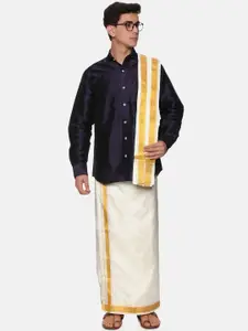 Sethukrishna Men Blue & White Shirt with Dhoti Pants