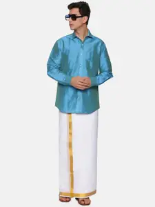 Sethukrishna Men Turquoise Blue & White Shirt with Dhoti Pants