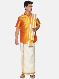Sethukrishna Men Orange & White Shirt with Dhoti Pants