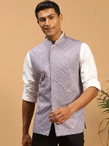 VASTRAMAY Men Purple Mirror Work Embellished Nehru Jacket