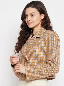Madame Women Mustard Checked Cottton Blazer
