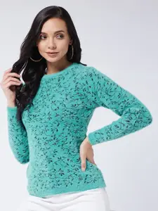 Modeve Women Teal & Black Floral Acrylic Pullover