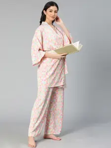 Oxolloxo Women White & Pink Printed Tie-Up Shrug