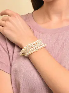 SOHI Women Gold-Toned & White Leather Gold-Plated Multistrand Bracelet