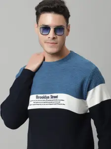 Cantabil Men Navy Blue & White Colourblocked Wool Pullover
