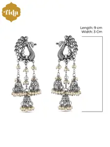 Fida White Silver Plated Peacock Shaped Jhumkas Earrings