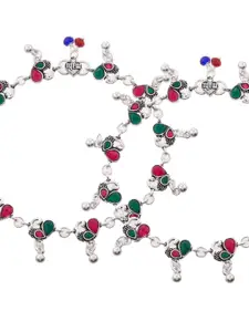 Silvermerc Designs Set Of 2 Silver-Plated Green & Pink Stone-Studded & Beaded Anklets