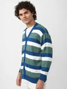 FOREVER 21 Men Green & White Striped Striped Cardigan