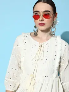 Ishin Cream-Coloured Cotton Striped Embroidered Tie-Up Neck Sciffli Ethnic Dress