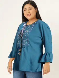 all about you Woven Design Tie-Up Neck Bell Sleeves Kurti with Embroidered Yoke