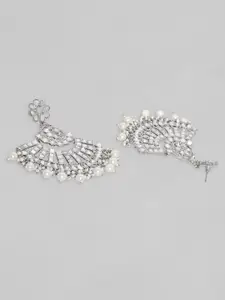 Rubans Silver-Plated Mirror Work Crescent Shaped Chandbalis Earrings with Pearl Accents