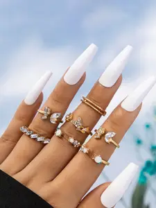 Jewels Galaxy Women Set Of 7 Gold-Plated & Stone-Studded  Butterfly Design Finger Rings