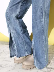 The Roadster Life Co. Women Pure Cotton Wide Leg High-Rise Heavy Fade Stretchable Jeans