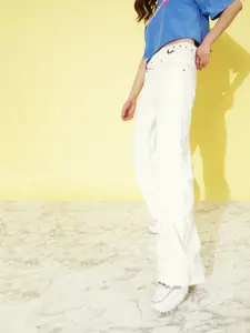 The Roadster Life Co. Women Pearl White We (May) Party Wide Leg Upgraded denims