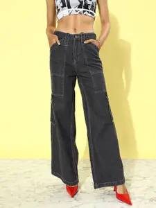 The Roadster Life Co. Women Jet Black Wide Leg High-Rise Stretchable Hipster Cargoes Jeans