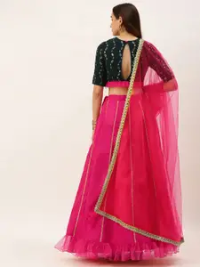 Ethnovog Green & Pink Embroidered Mirror Work Ready to Wear Lehenga & Blouse With Dupatta