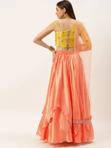 Ethnovog Yellow & Peach-Coloured Embroidered Mirror Work Ready to Wear Lehenga & Blouse With Dupatta