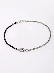 Panash Oxidised Silver-Toned Black Beads Floral Shaped Anklet