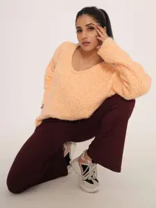 KASMA Women Self Design Wool Pullover with Fuzzy Detail