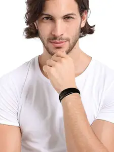 ZIVOM Men Leather Rhodium-Plated Multistrand Bracelet