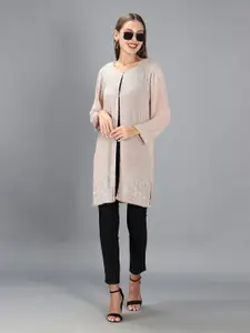 DEBONATELLA Women Beige & Silver Party Embellished Longline Shrug