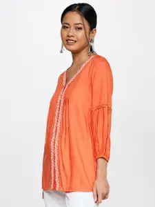 Global Desi Orange Floral Embroidered A-Line Top